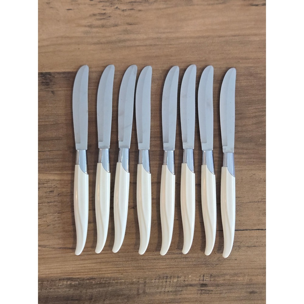 Vintage Robinson USA Stainless Steel Butterknife Lot of 8 White Handle MCM Retro